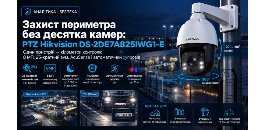 Захист великих територій без десятка камер: PTZ Hikvision DS-2DE7A825IWG1-E